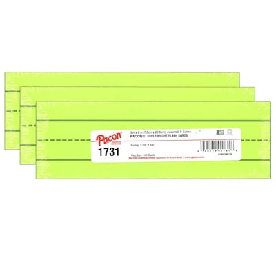 Pacon Super Bright Flash Cards, Assorted Colors, 3 x 9, 100 Cards/Pack, 3 Packs (PAC1731-3)