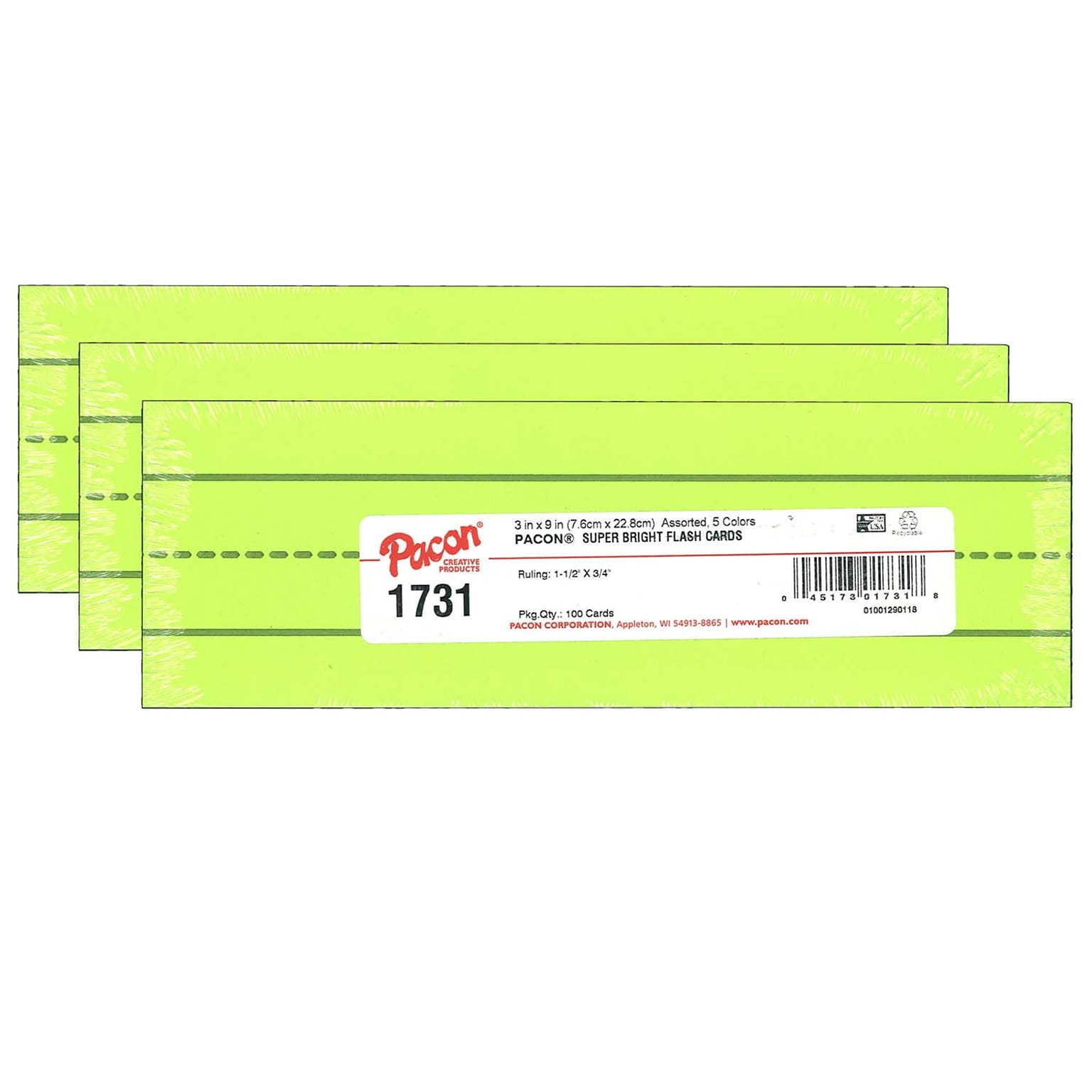 Pacon Super Bright Flash Cards, Assorted Colors, 3 x 9, 100 Cards/Pack, 3 Packs (PAC1731-3)