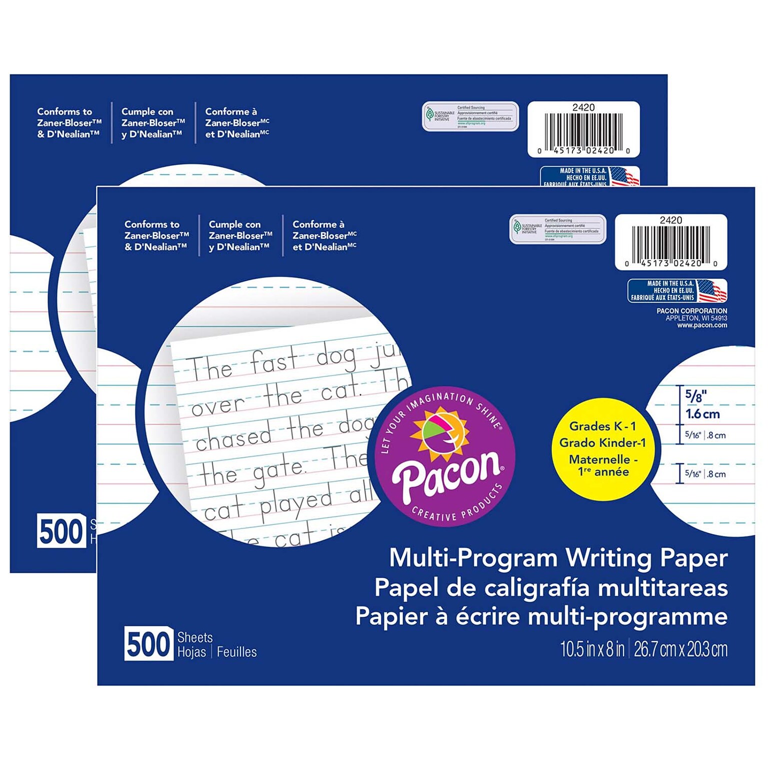 Pacon 10.5 x 8 Multi-Program Handwriting Paper, 5/8 Ruled, White, 500 Sheets/Pack, 2 Packs (PAC2420-2)