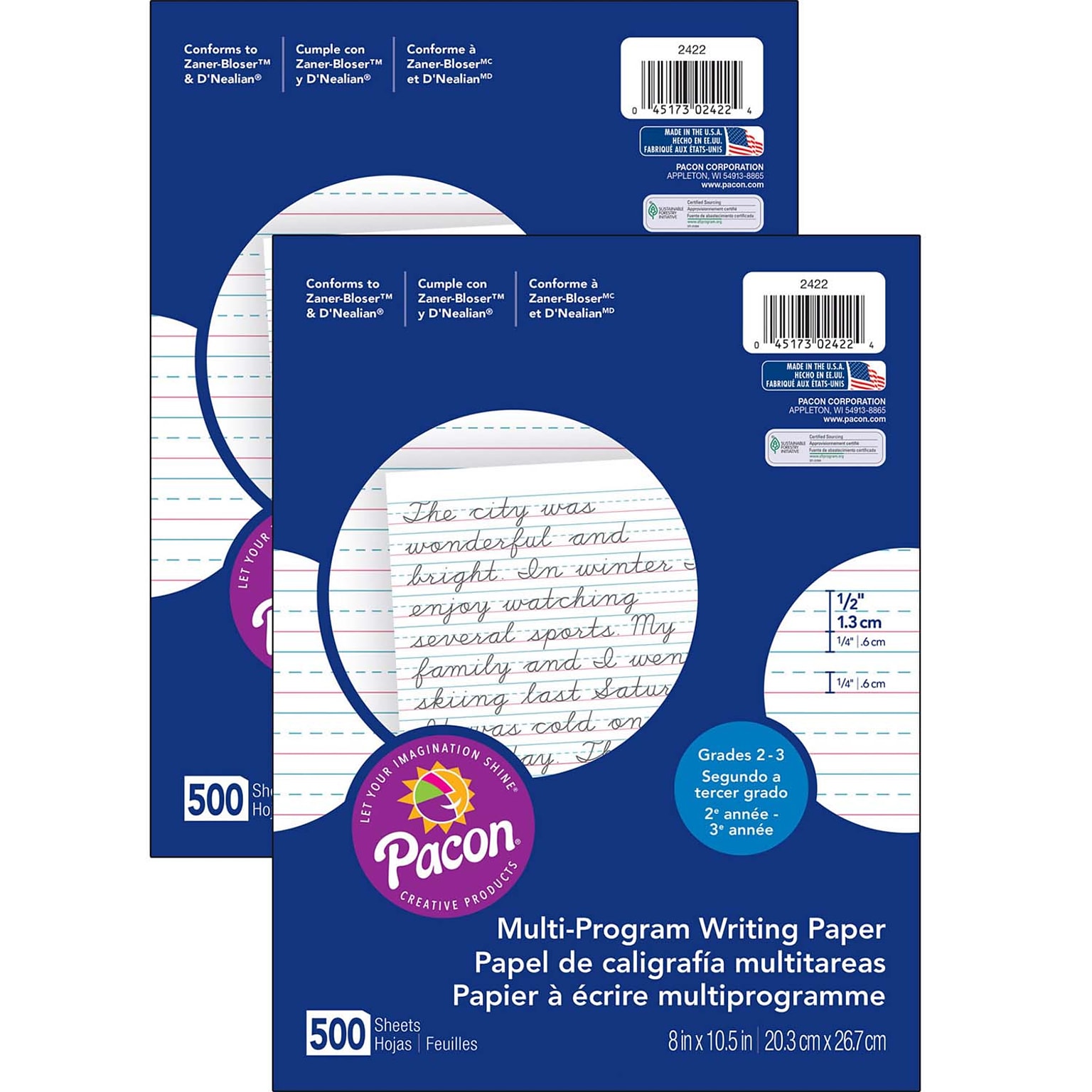 Pacon 10.5 x 8 Multi-Program Handwriting Paper, 1/2 Ruled, White, 500 SheetsPer Pack, 2 Packs (PAC2422-2)