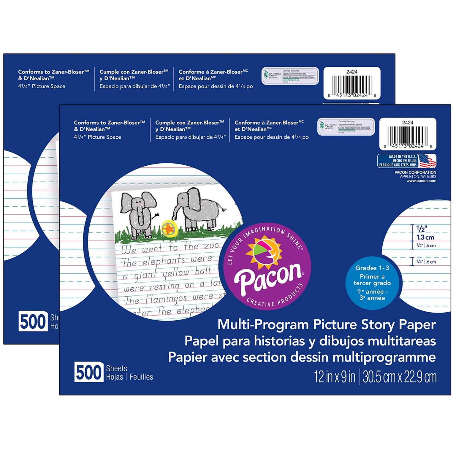 Pacon 12 x 9 Multi-Program Picture Story Paper Story Paper, 1/2 Ruled, White, 500 Sheets/Pack, 2 Packs (PAC2424-2)