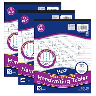 Pacon 8.5 x 11 Multi-Sensory Raised Ruled Tablet Writing Paper, 40 Sheets, Pack of 3 (PAC2469-3)