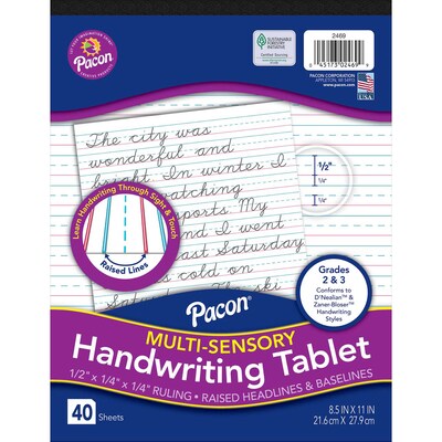 Pacon 8.5" x 11" Multi-Sensory Raised Ruled Tablet Writing Paper, 40 Sheets, Pack of 3 (PAC2469-3)