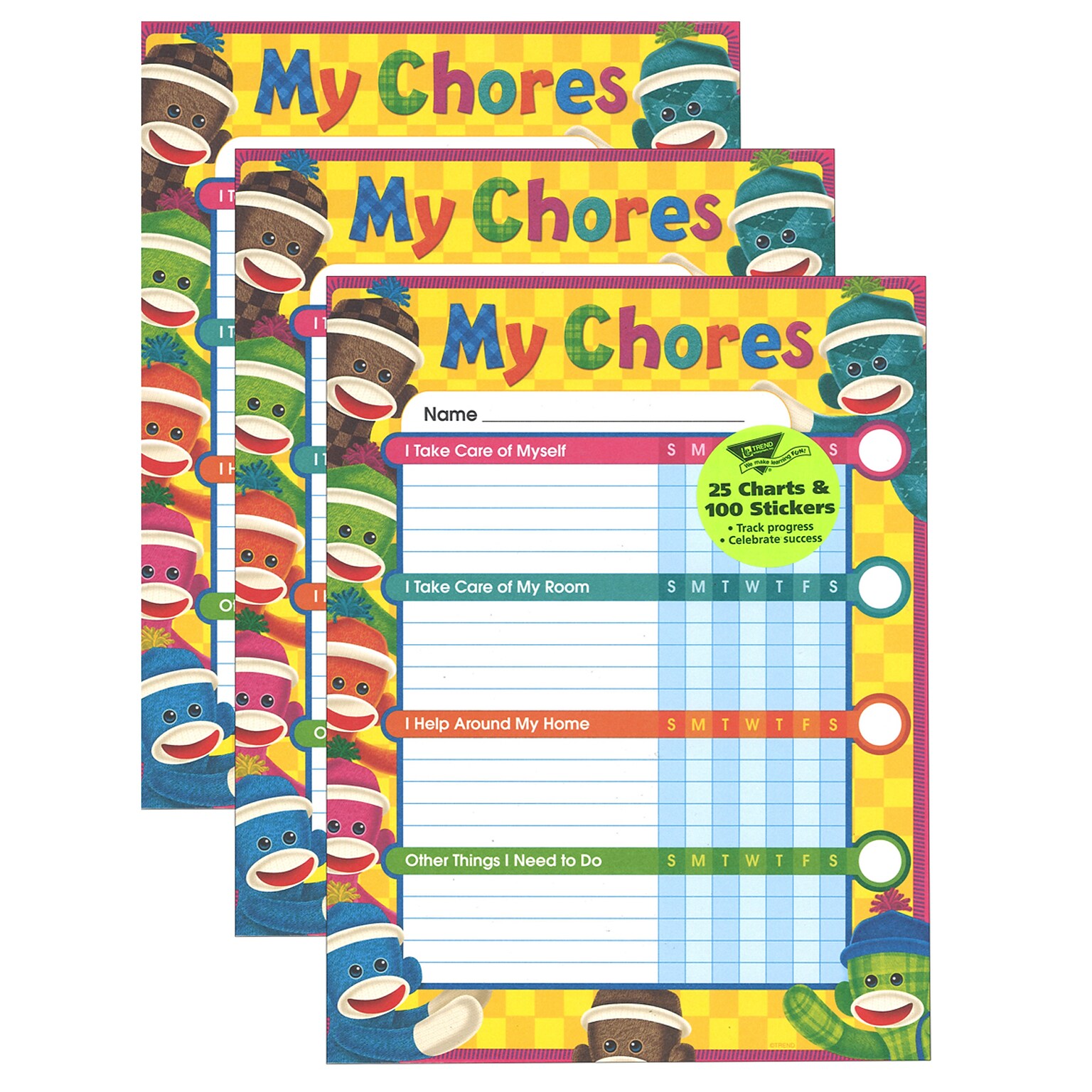 TREND Sock Monkeys Chore Charts, 25 Per Pack, 3 Packs (T-73145-3)