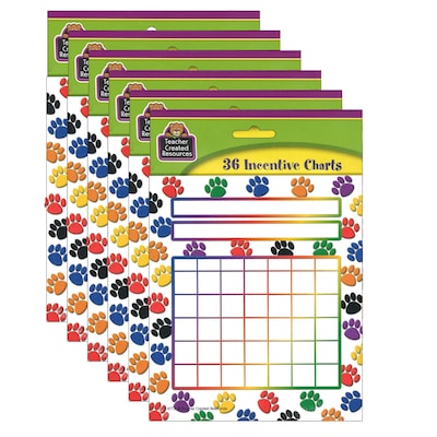 Teacher Created Resources Colorful Paw Prints Incentive Charts, 5.25 x 6, 36 Sheets Per Pack, 6 Pa