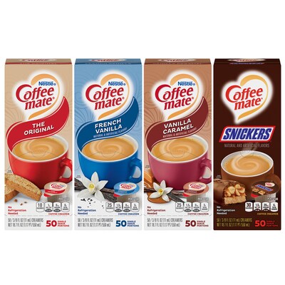 Coffee-mate Original, French Vanilla, Butterscotch and Snickers Dairy Free Liquid Creamer, .37 oz., 4/Pack (700-00092)