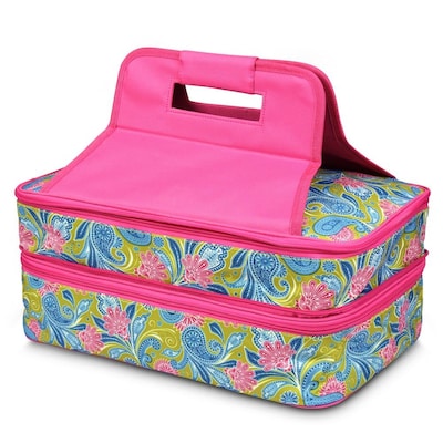 Zodaca Double Casserole Hot Cold Food Dish Insulated Carrier Thermal Lunch Tote Bag for Camping Traveling - Green/Pink