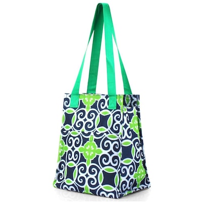 Zodaca Fashion Women Handbag Insulated Lunch Tote Zipper Carry Bag for Travel Grocery Shopping - Navy/Green Swirl