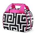 Zodaca Small Reusable Insulated Work School Lunch Tote Carry Storage Zipper Cooler Bag - Black Greek Key with Pink Trim