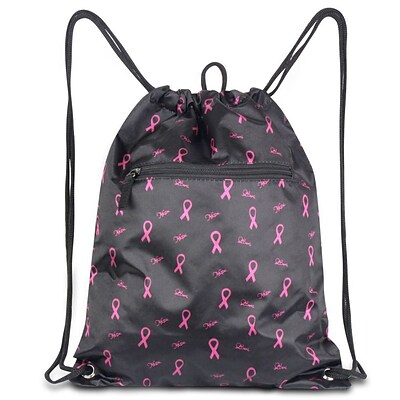 Zodaca Lightweight Sling Drawstring Bag Foldable Backpack Sports Gym Fitness - Black with Pink Ribbons