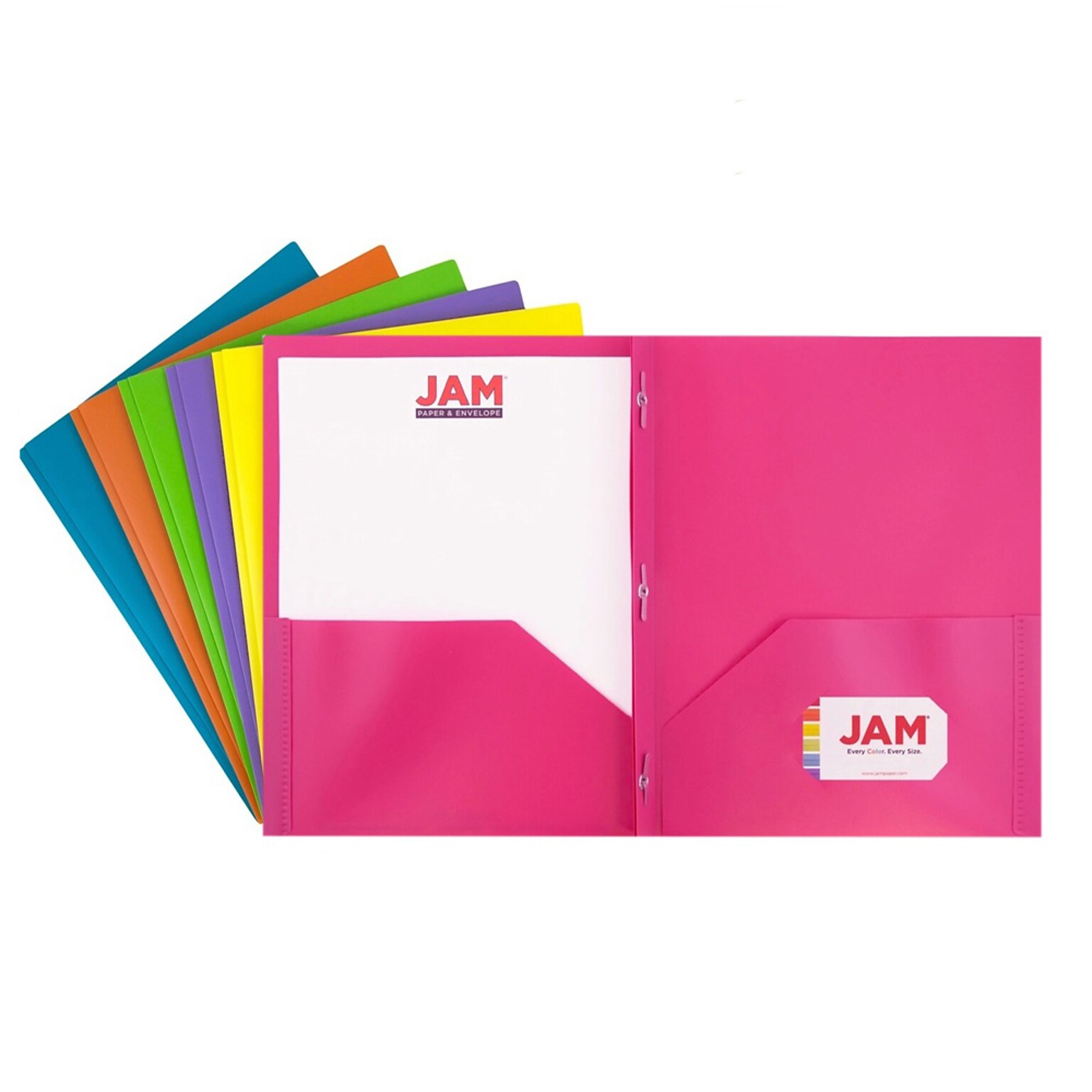 JAM Paper Plastic POP 2-Pocket Folders with Metal Prong Fastener, Multicolored, Assorted Colors, 6/Pack (382ECFassrt)