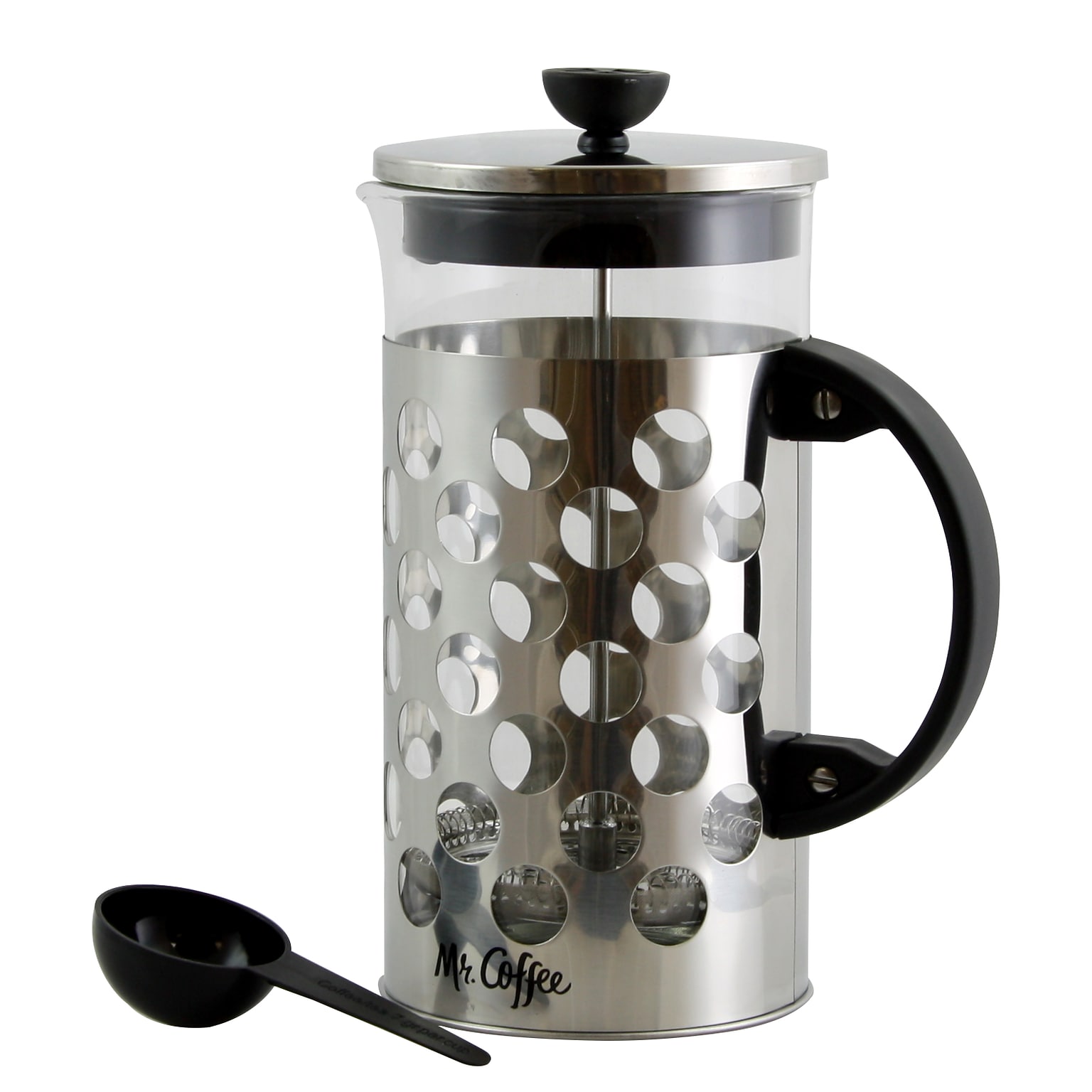 Mr Coffee 107317.01 Polka Dot Brew 32 oz. Silver Glass Coffee Press with Scoop