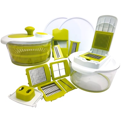 MegaChef 10-in-1 Multi-Use Salad Spinning Slicer, Dicer and Chopper with Interchangeable Blades