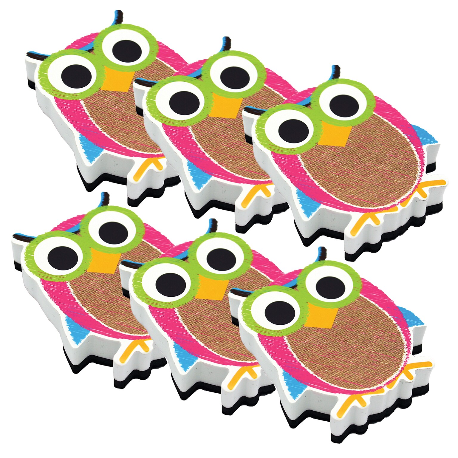 Ashley Magnetic Whiteboard Eraser, Burlap Scribble Owl, Pack of 6 (ASH10049-6)