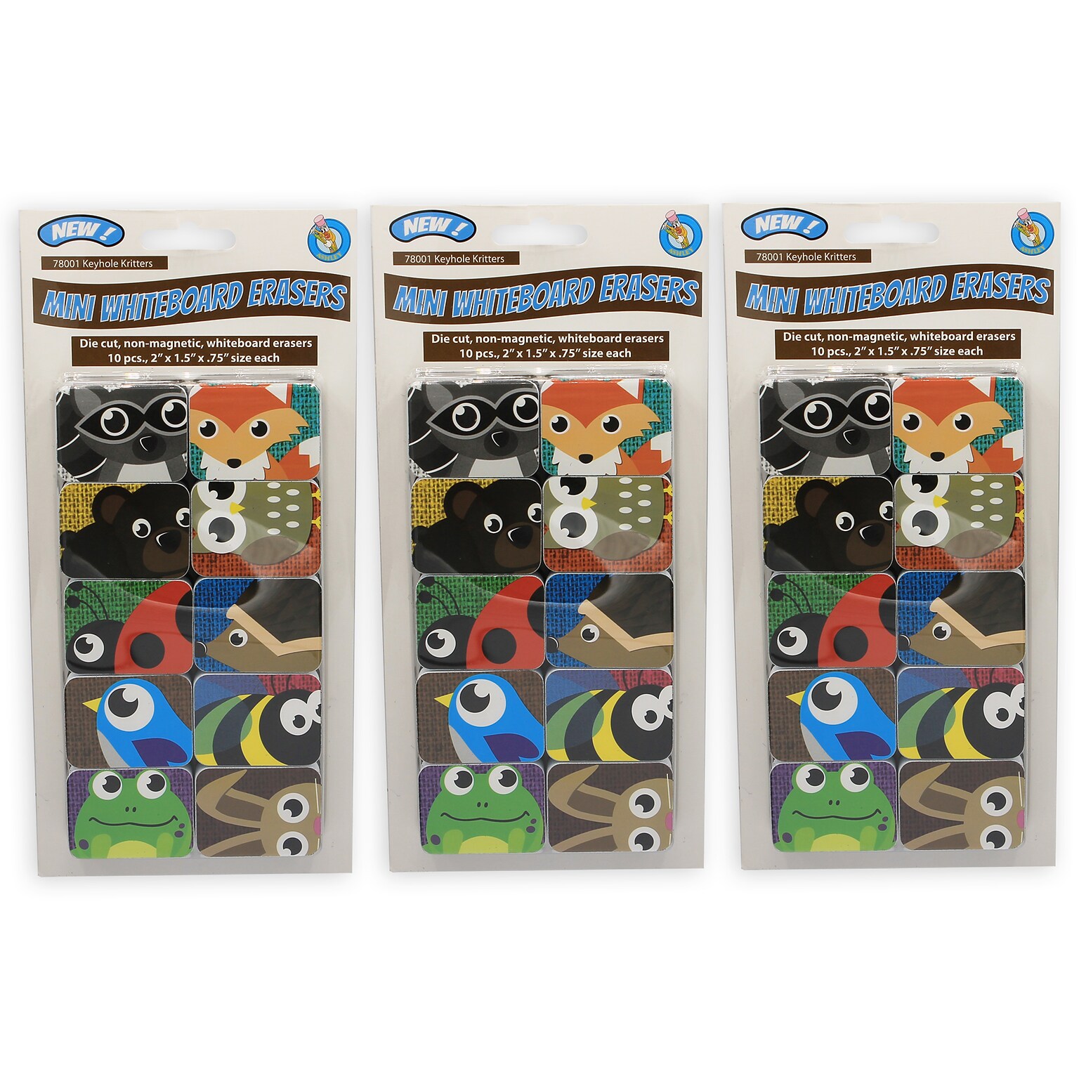Ashley Productions Dry Erase Non-Magnetic Mini Whiteboard Erasers, Keyhole Kritters, 10 Per Pack, 3 Packs (ASH78001-3)