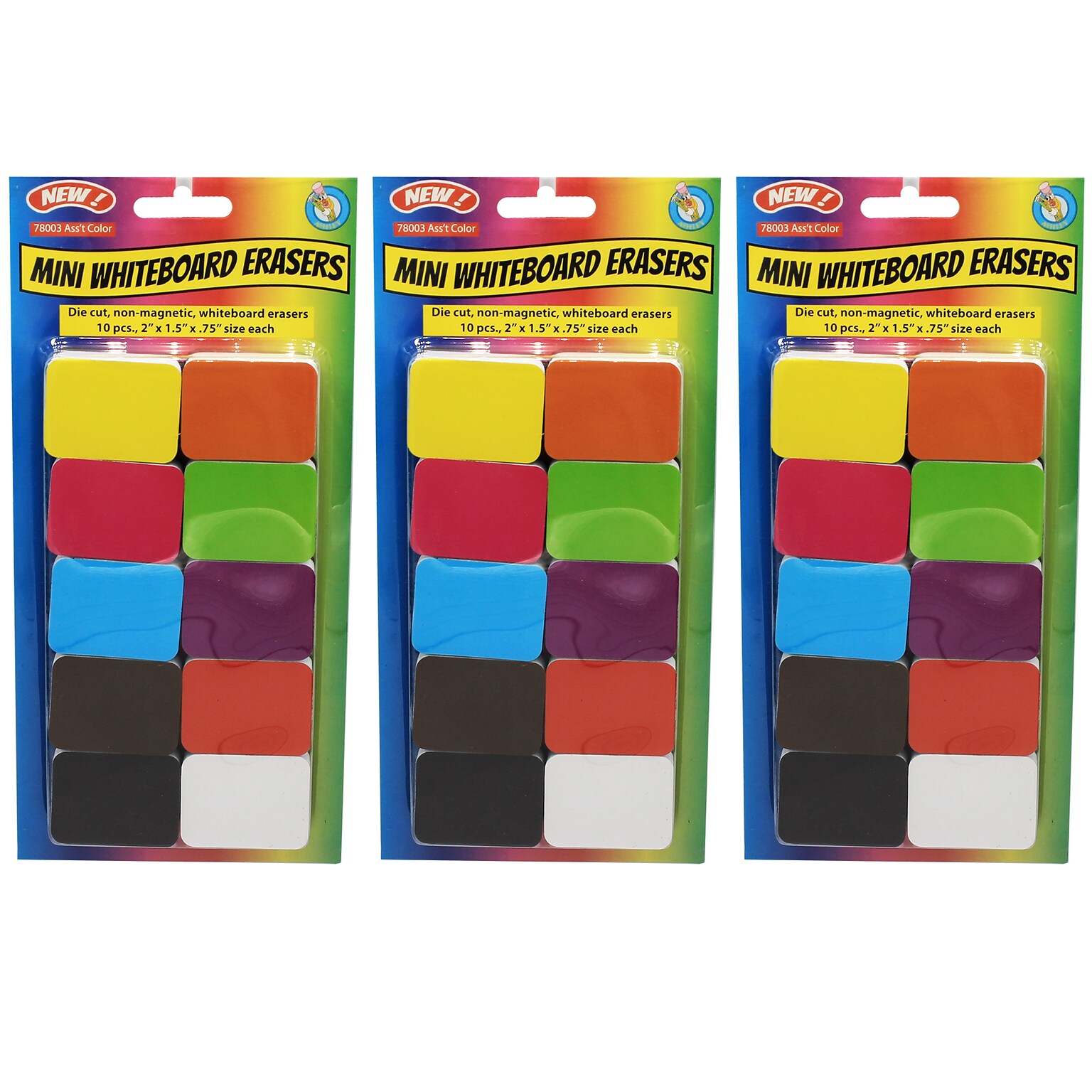 Ashley Productions® Dry Erase Non-Magnetic Mini Whiteboard Erasers, Assorted Colors, 10 Per Pack, 3 Packs (ASH78003-3)