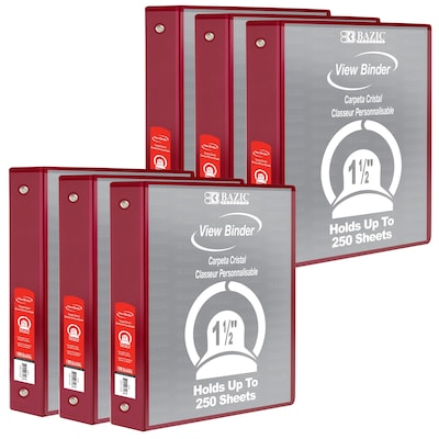 Bazic 1 1/2 3-Ring View Binders, Burgundy, 6/Pack (BAZ4140-6)