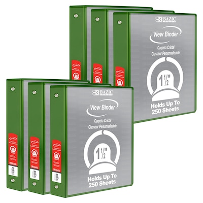 Bazic 1 1/2 3-Ring View Binders, Green, 6/Pack (BAZ4142-6)