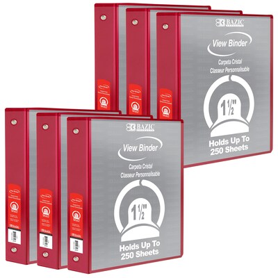 Bazic 1 1/2 3-Ring View Binders, Red, 6/Pack (BAZ4143-6)