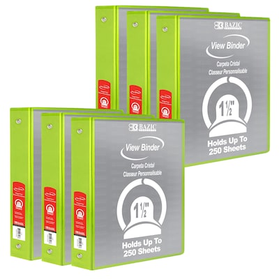 Bazic 1.5 3-Ring View Binder, Lime Green, Pack of 6 (BAZ4144-6)