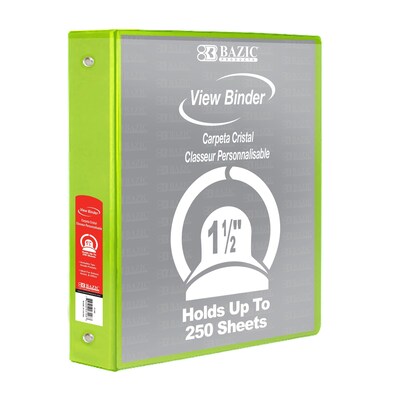 Bazic 1.5" 3-Ring View Binder, Lime Green, Pack of 6 (BAZ4144-6)