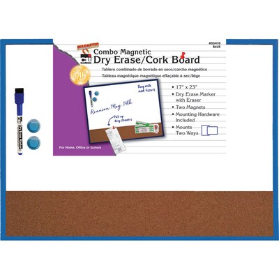 Charles Leonard Magnetic Dry Erase Whiteboard/Cork board, With Eraser/Marker/2 Magnets, Blue Tin Frame, 17" x 23" (CHL35410)