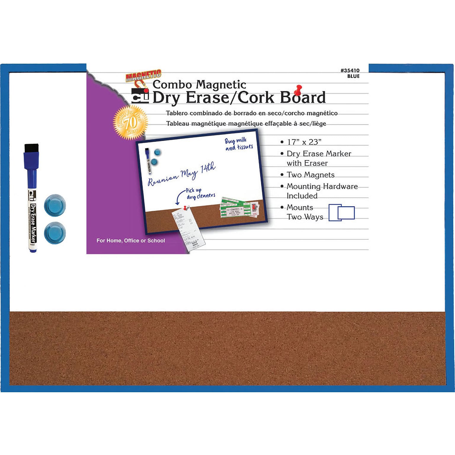 Charles Leonard Magnetic Dry Erase Whiteboard/Cork board, With Eraser/Marker/2 Magnets, Blue Tin Frame, 17 x 23 (CHL35410)