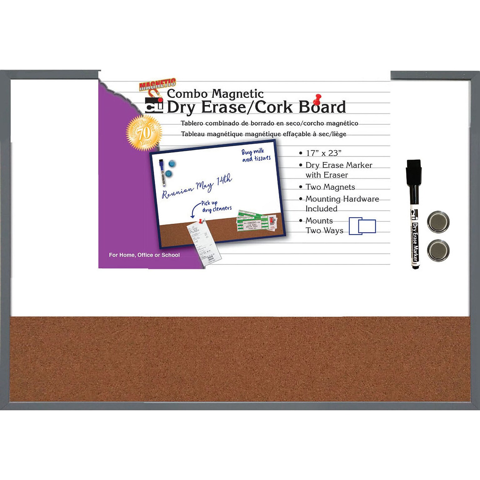 Charles Leonard Magnetic Dry Erase Whiteboard/Cork board ,Tin Frame, 17 x 23 (CHL35415)