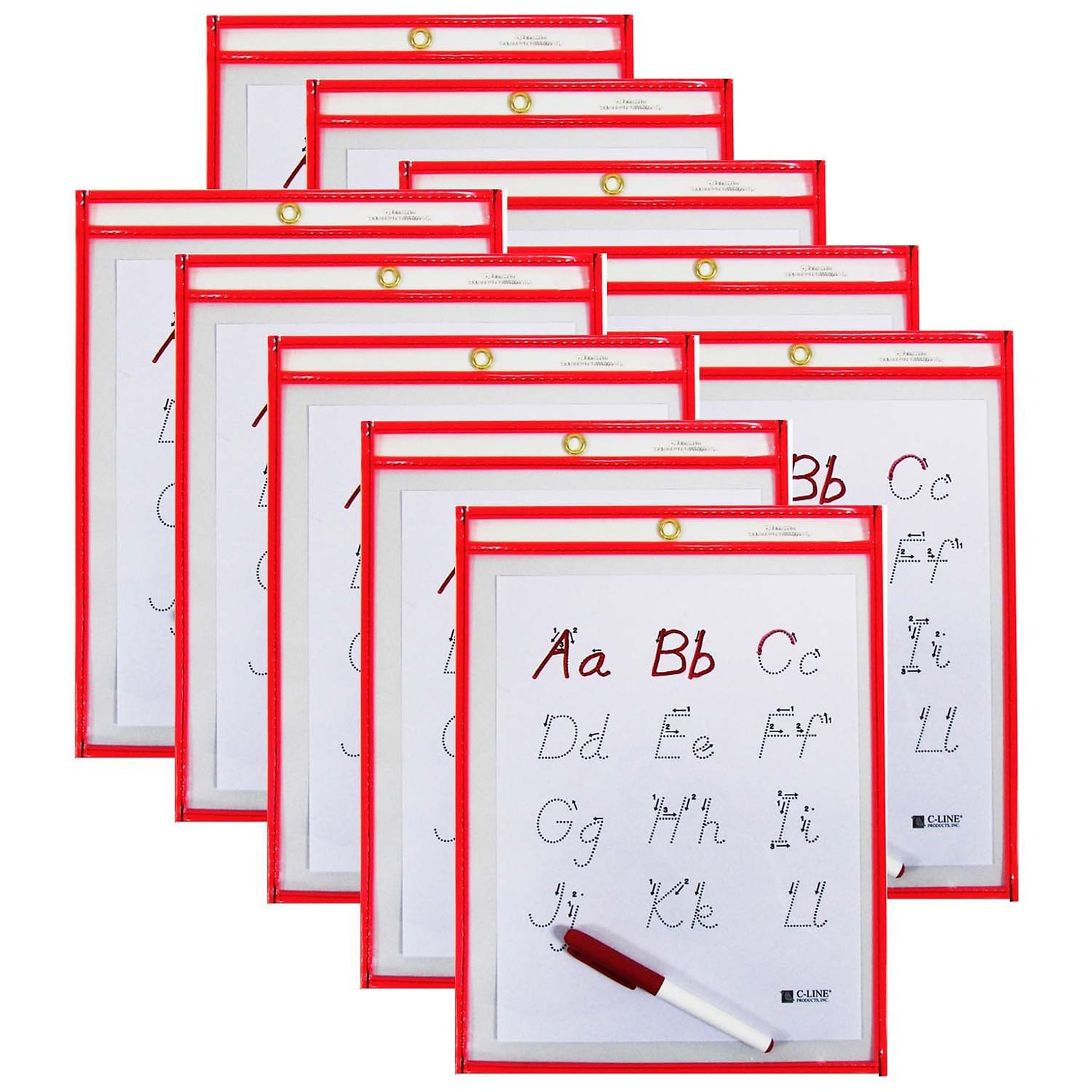 C-Line Reusable Dry Erase Pocket  Study Aid, Neon Red, 9 x 12, Pack of 10 (CLI40814-10)