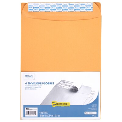 Mead Press-It Seal-It Envelopes, 10 x 13, Brown, 4/Box, 12 Boxes (MEA76082-12)