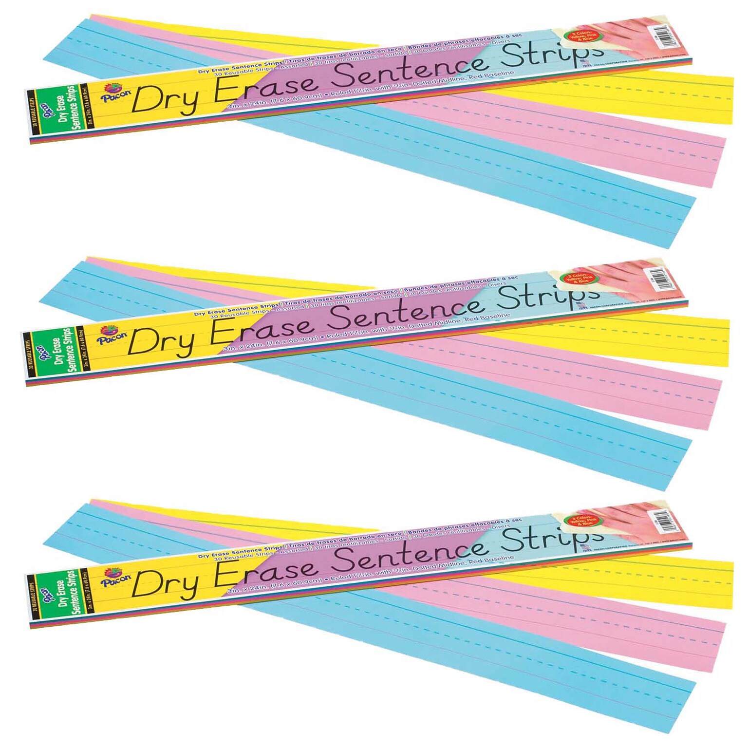 Pacon Dry Erase Sentence Strips, 3 x 24, Assorted Colors, 30 Per Pack, 3 Packs (PAC5186-3)