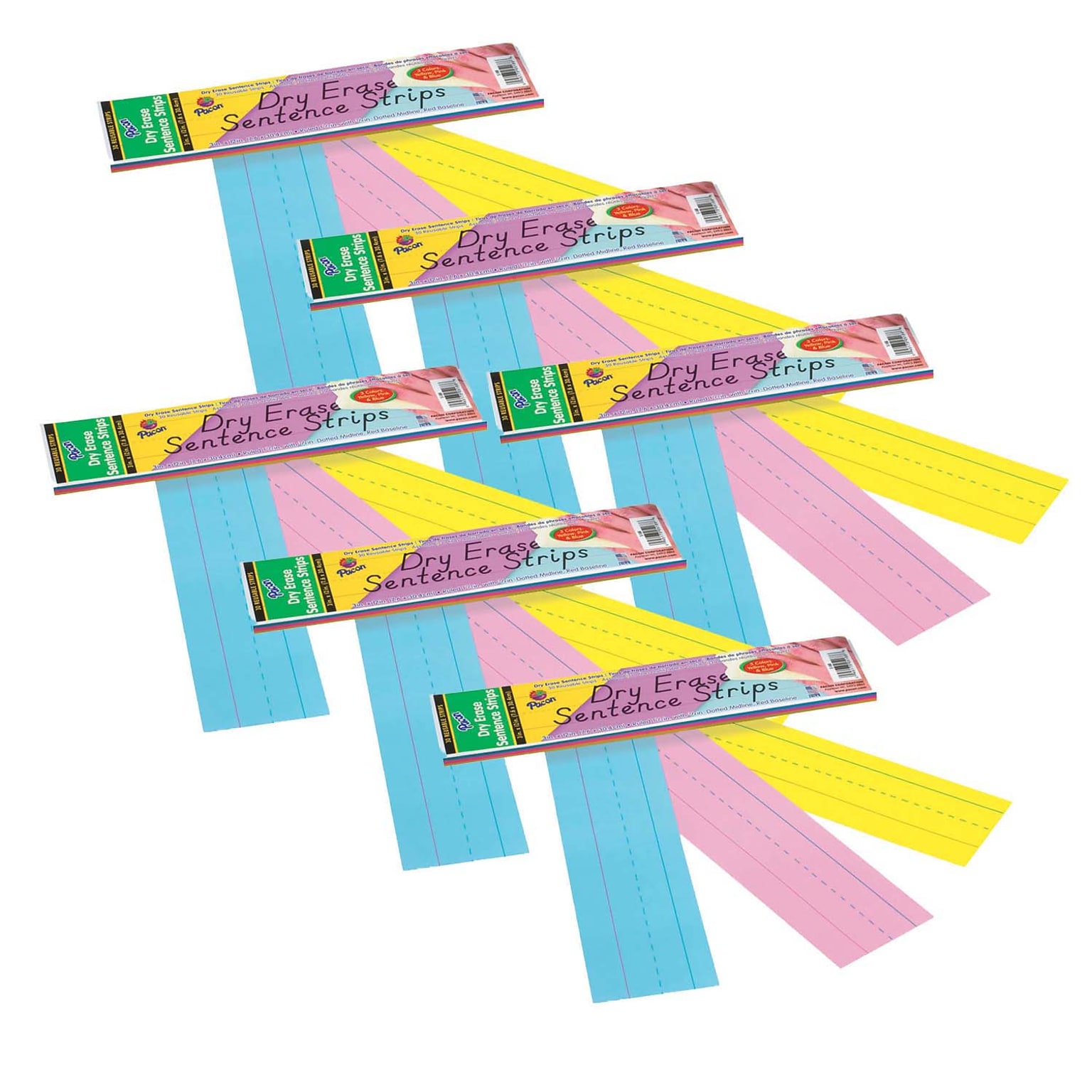 Pacon Dry Erase Sentence Strips, 3 x 12, Assorted Colors, 30 Per Pack, 6 Packs (PAC5188-6)