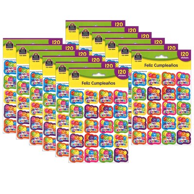 Teacher Created Resources Feliz Cumpleanos Stickers, 1", Multicolored, 120 Per Pack, 12 Packs (TCR8584-12)