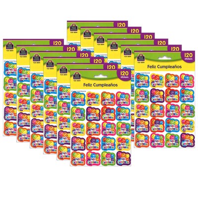 Teacher Created Resources Feliz Cumpleanos Stickers, 1, Multicolored, 120 Per Pack, 12 Packs (TCR85