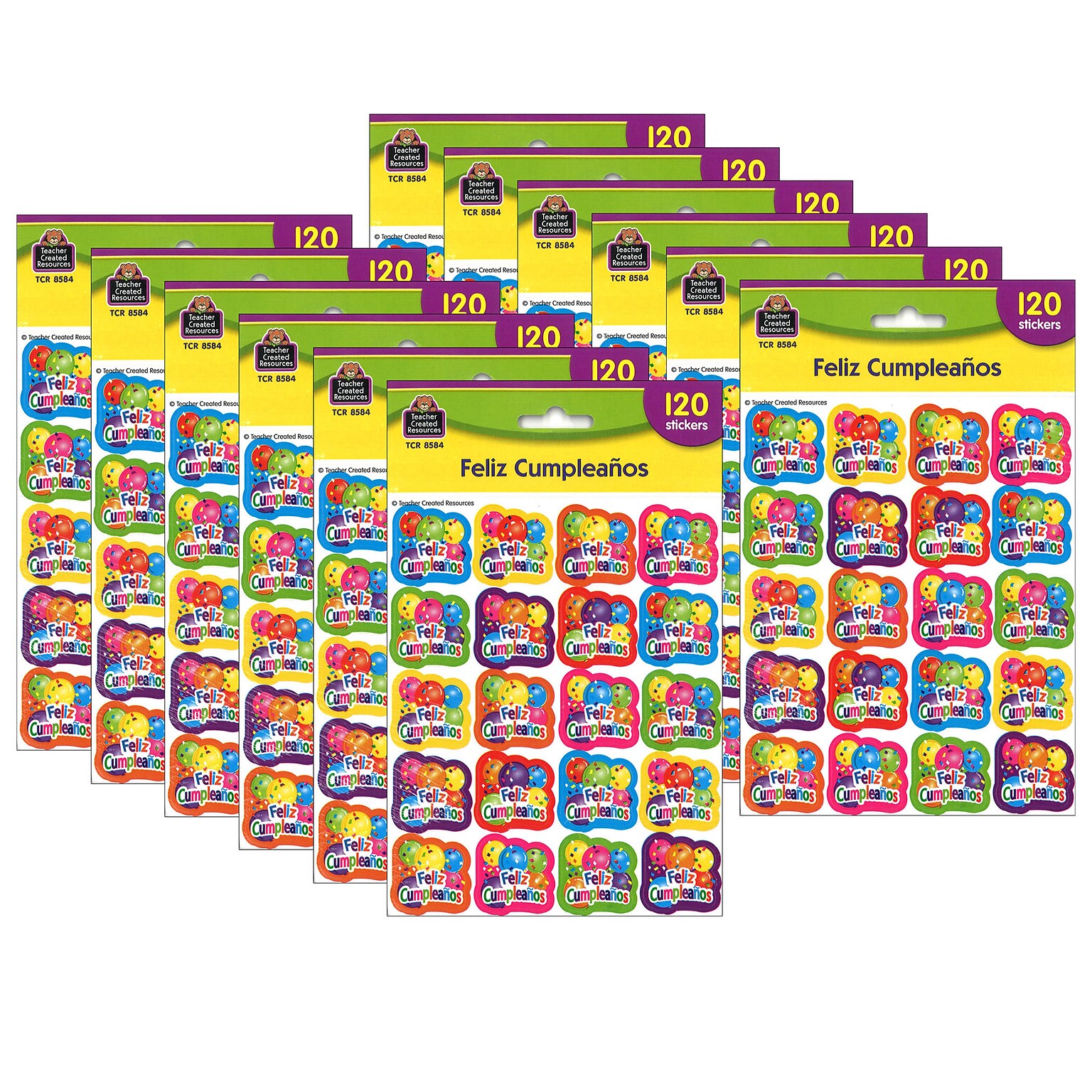 Teacher Created Resources Feliz Cumpleanos Stickers, 1, Multicolored, 120 Per Pack, 12 Packs (TCR8584-12)
