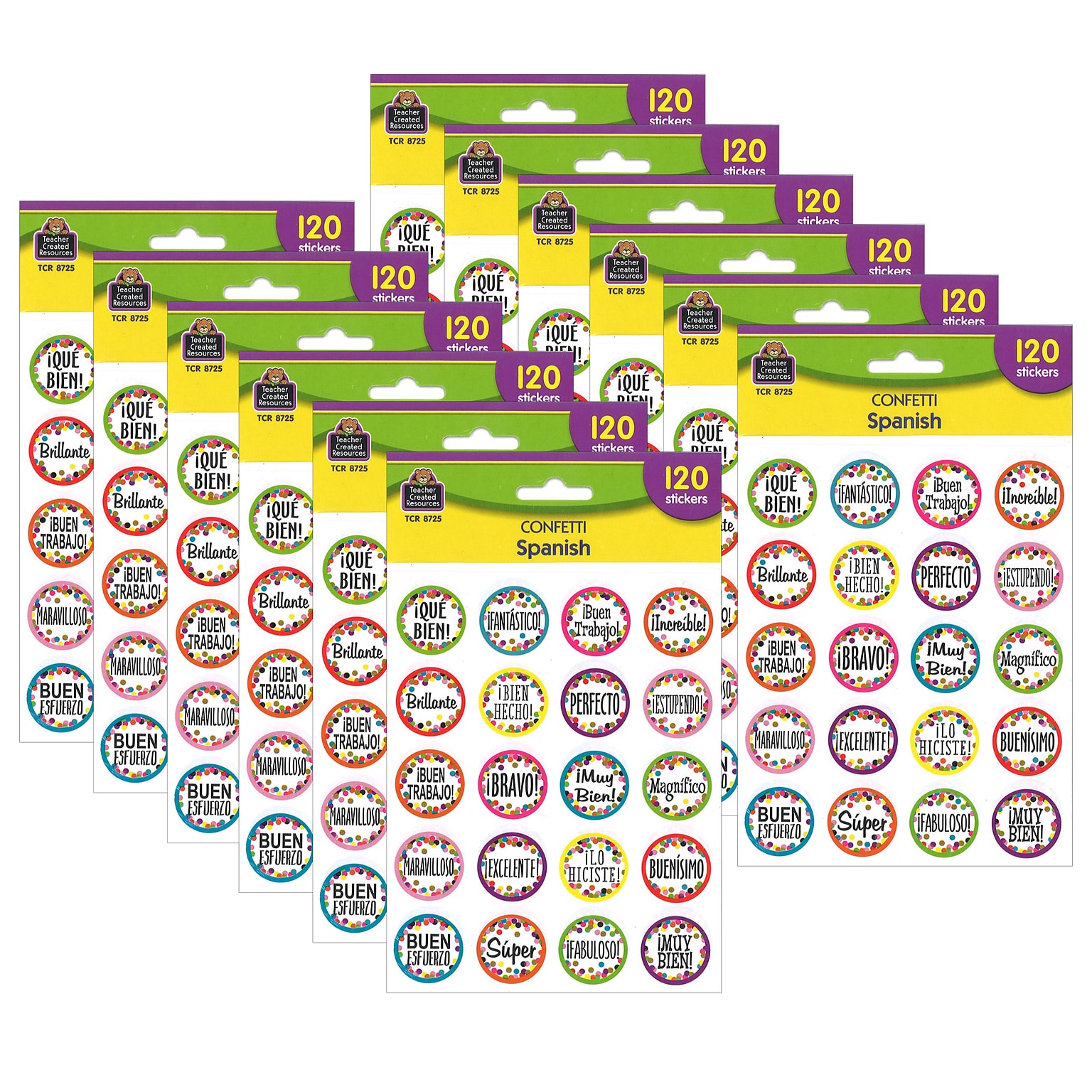 Teacher Created Resources Confetti Spanish Stickers, 1, Multicolored, 120 Per Pack, 12 Packs (TCR8725-12)