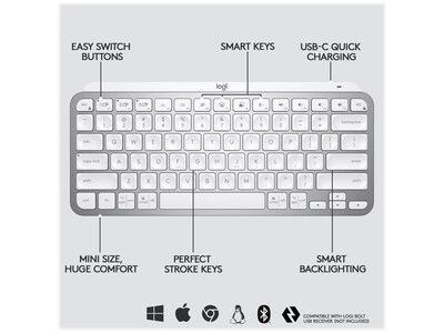 Logitech MX Keys Mini Wireless Ergonomic Keyboard, Pale Gray (920-010473)