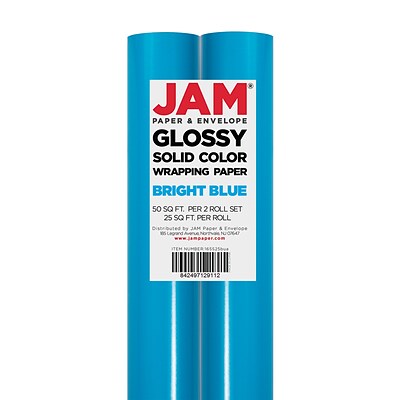 JAM PAPER Gift Wrap, Glossy Wrapping Paper, 25 Sq Ft per Roll, Bright Blue, 2/Pack
