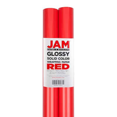 JAM PAPER Gift Wrap, Glossy Wrapping Paper, 25 Sq Ft per Roll, Red, 2/Pack