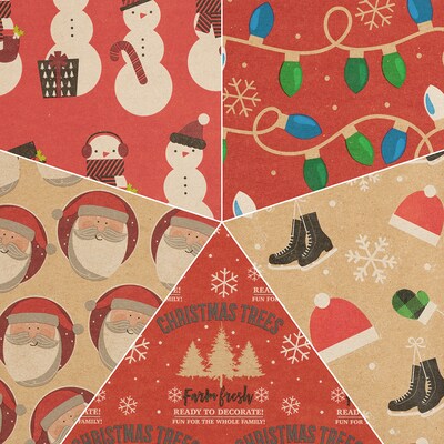 JAM PAPER Assorted Gift Wrap, Christmas Kraft Wrapping Paper, 125 Sq Ft Total, Kids Kraft Christmas Set, 5 Rolls/Pack