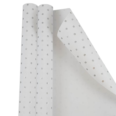 JAM PAPER Gift Wrap, Polka Dot Wrapping Paper, 25 Sq Ft per Roll, White with Silver Glitter Dots, 2/