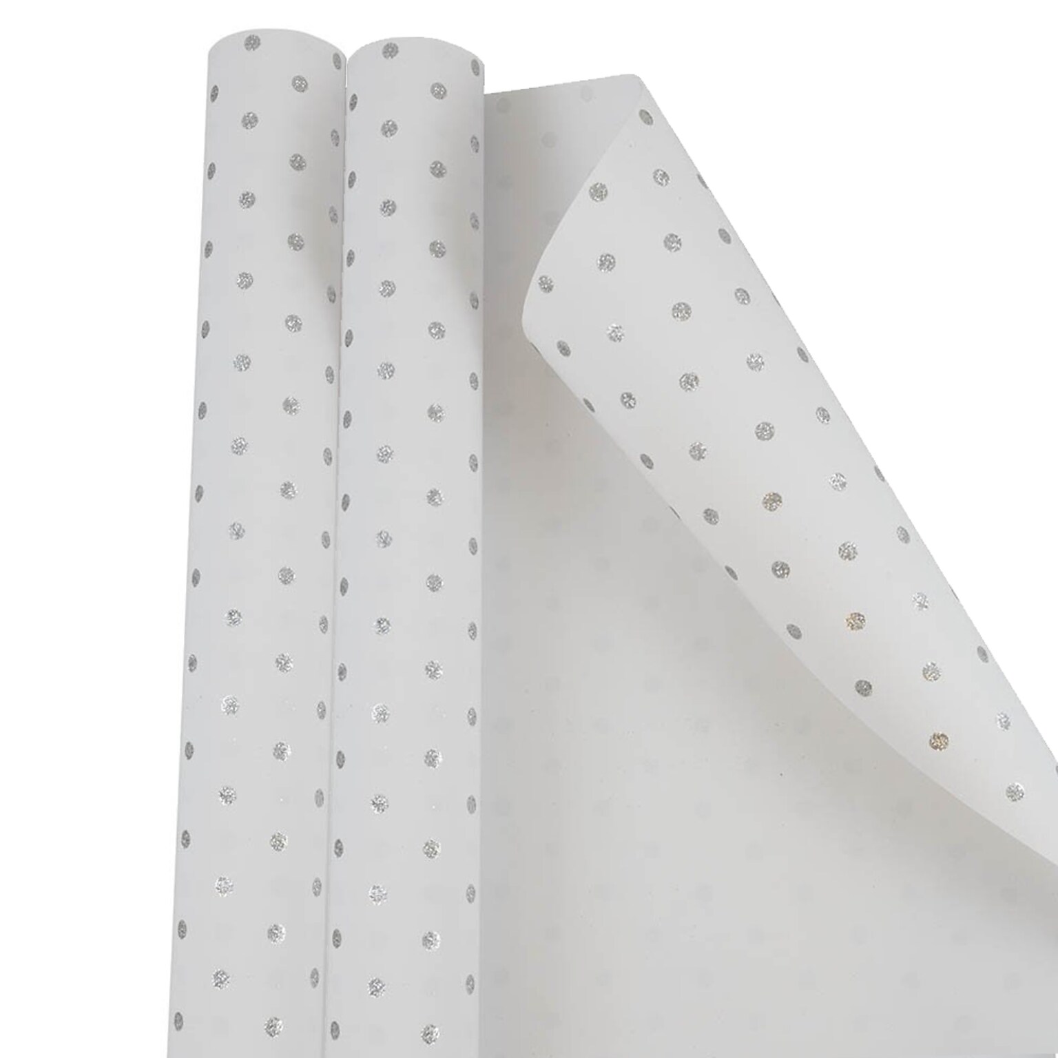 JAM PAPER Gift Wrap, Polka Dot Wrapping Paper, 25 Sq Ft per Roll, White with Silver Glitter Dots, 2/Pack