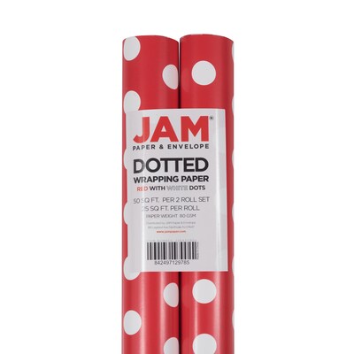 JAM PAPER Gift Wrap, Polka Dot Wrapping Paper, 25 Sq Ft per Roll, Red with White Dots, 2/Pack