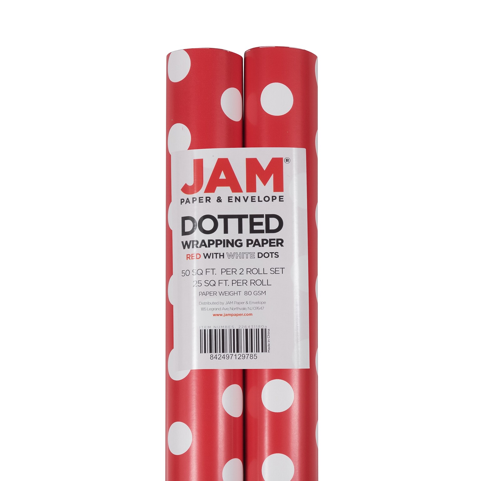 JAM Paper Wrapping Paper, 25 Sq. ft. x 30, Red with White Dots, 2/Pack (226431180A)