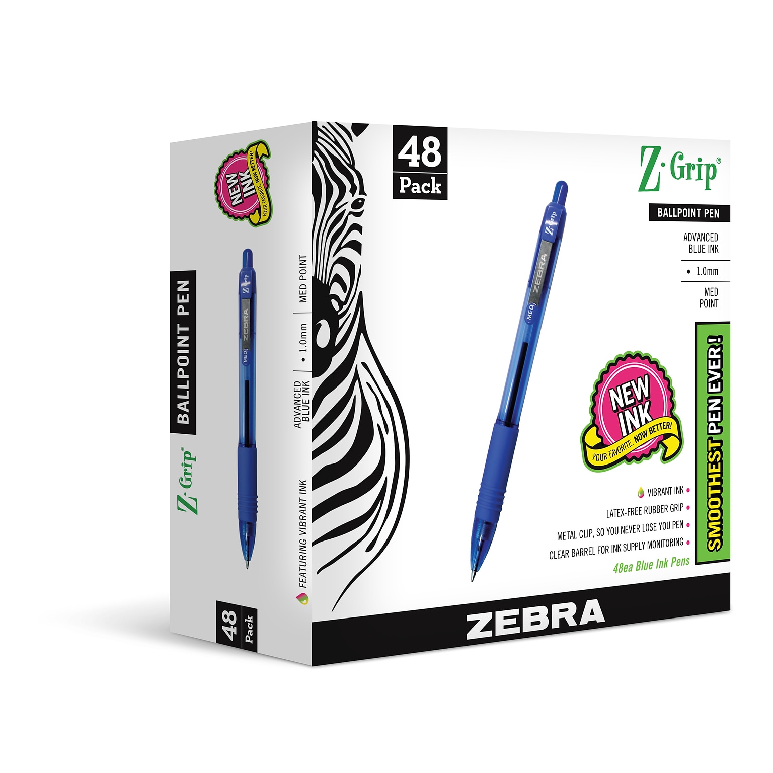 Zebra Z-Grip Retractable Ballpoint Pen, Medium Point, Blue Ink, 48/Pack (22248)