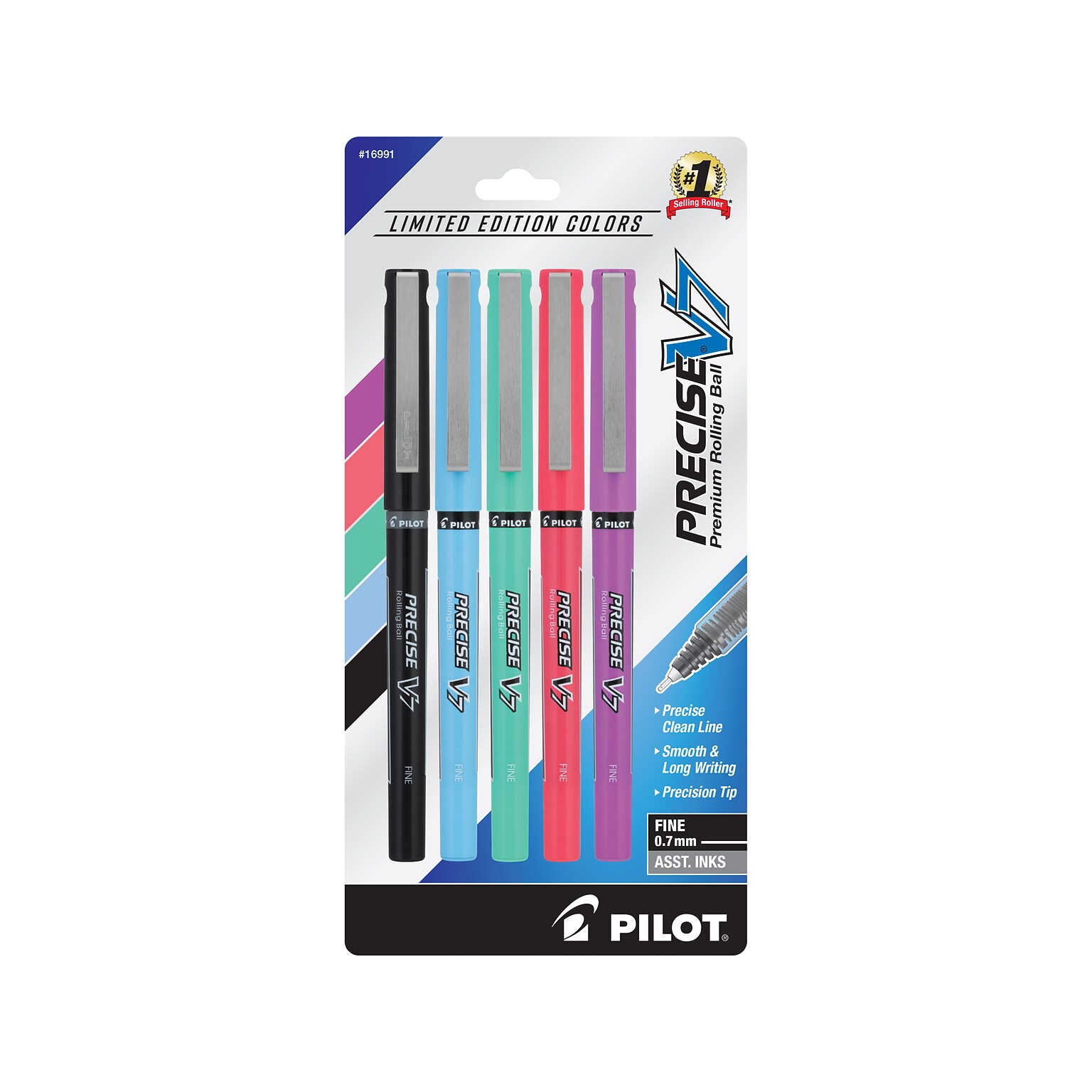 Pilot Precise V7 Harmony Limited Edition Rollerball Pens, Fine Point, Black/Emerald/Lilac/Periwinkle/Salmon Inks, 5/Pack