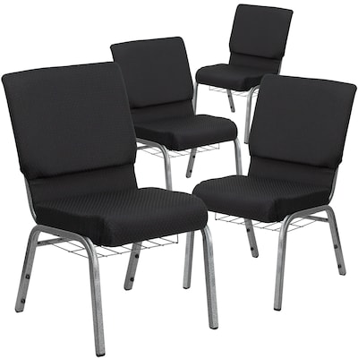 Flash Furniture HERCULES Series Fabric Church Stacking Chair w/ Book Rack, Black/Silver Vein Frame,