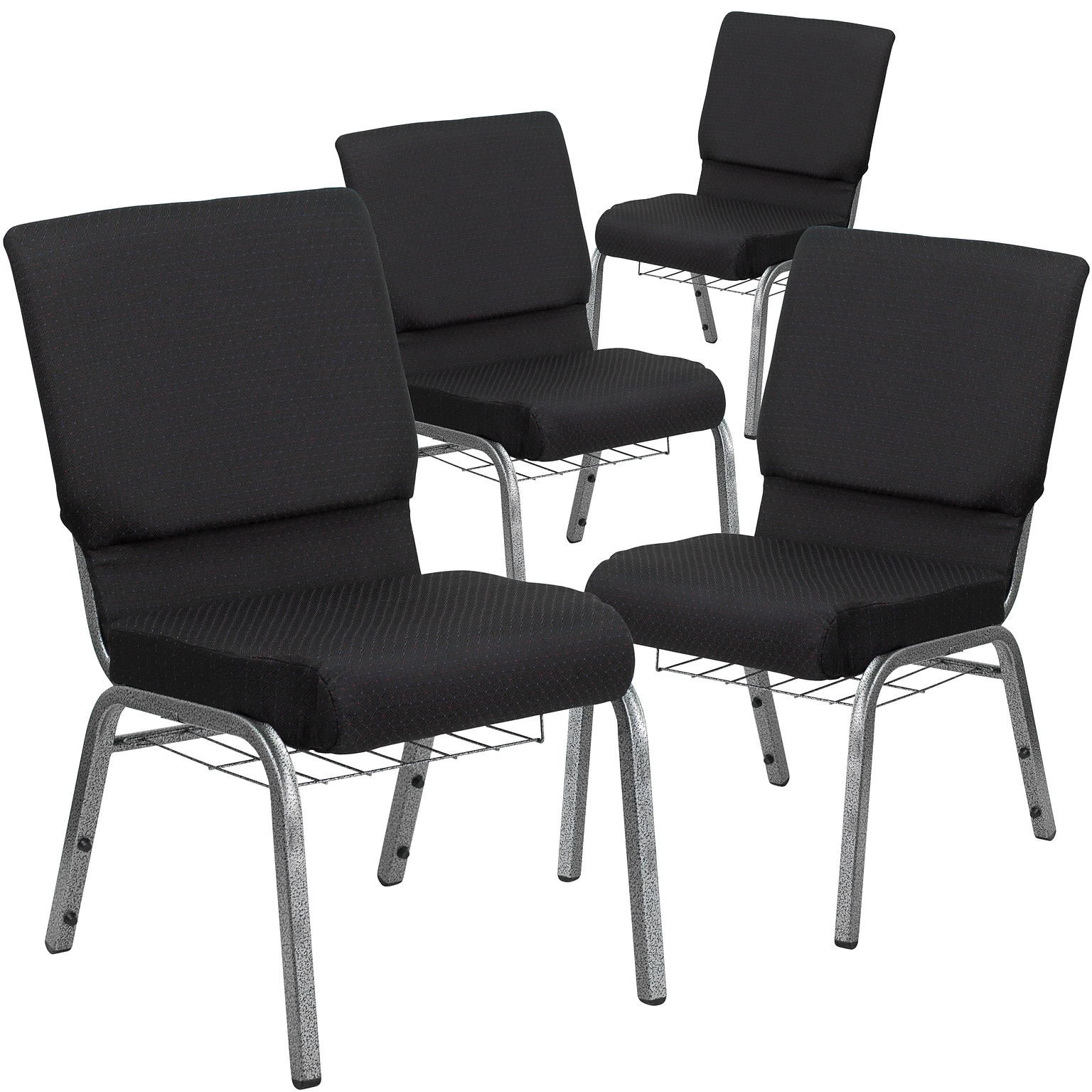 Flash Furniture HERCULES Series Fabric Church Stacking Chair w/ Book Rack, Black/Silver Vein Frame, 4 Pack (4FCH185SVJP02B)