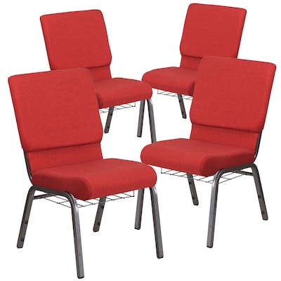 Flash Furniture HERCULES Series Fabric Church Stacking Chair with Book Rack, Red/Silver Vein Frame,