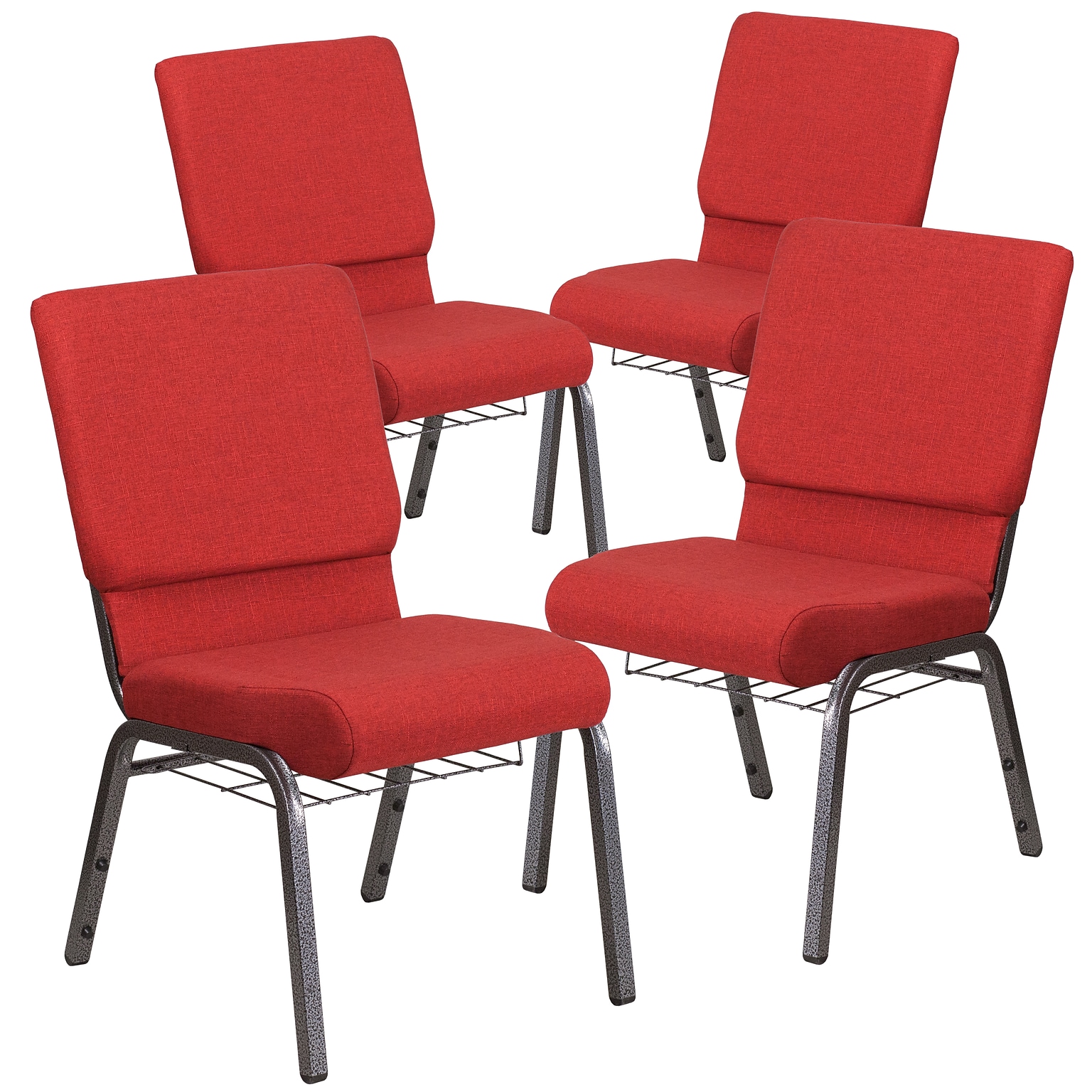 Flash Furniture HERCULES Series Fabric Church Stacking Chair with Book Rack, Red/Silver Vein Frame, 4 Pack(4FCH185SVREDB)